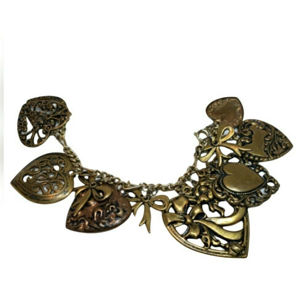 Vintage Gold Metal Heart Hearts & Bows Charm Bracelet Puffy Hearts Valentines